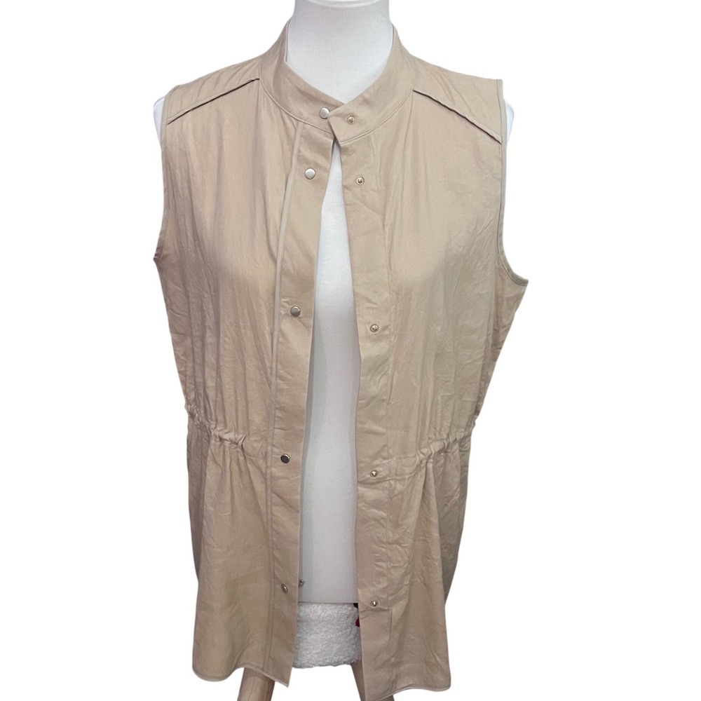 Limited Tan Linen Blend Utility Safari Vest Mock Neck Drawstring Waist Small